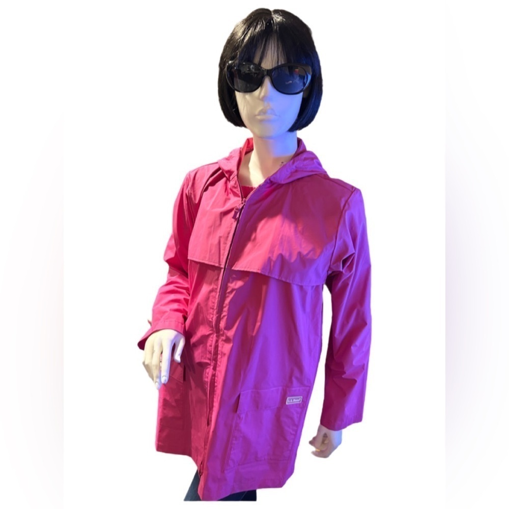 L.L Bean Hood Rain Jacket Pink Zip Front Pockets PVC Drawcord Waterproof Size L